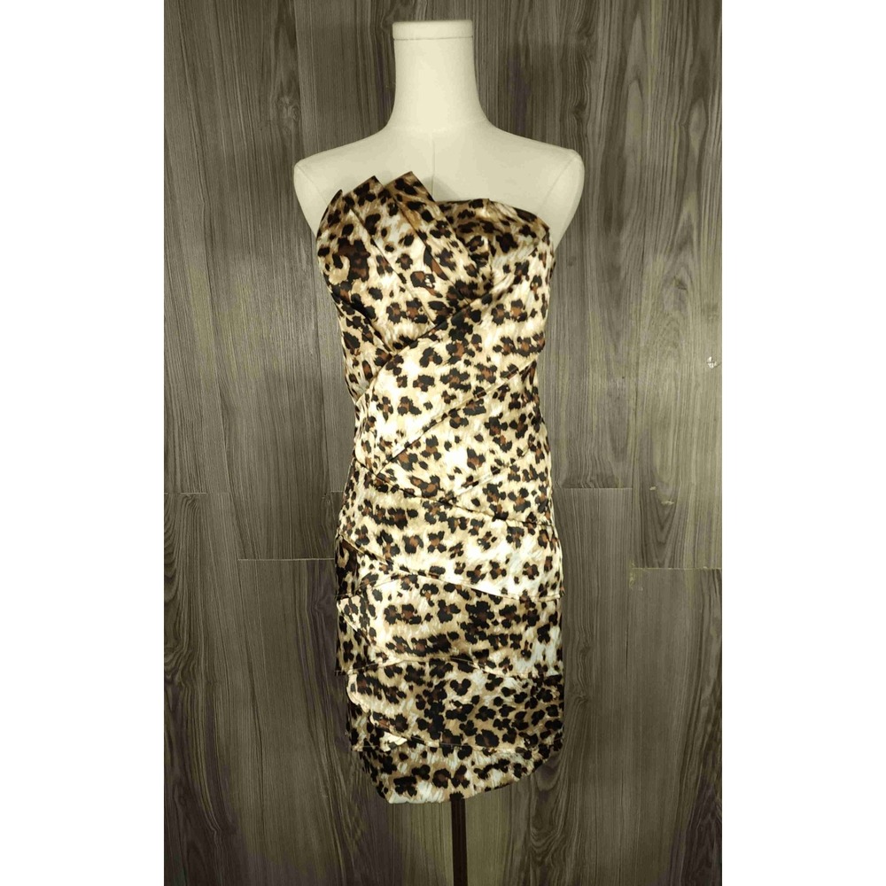 BCX Womens Leopard Print Strapless Charmeuse Mini Dress Pleated Tiered Size 3 NW